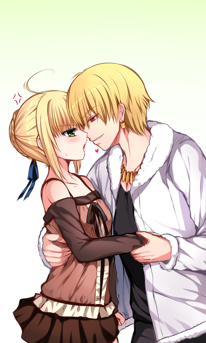 1girl ahoge anger_vein blonde_hair blush casual coat earrings face-to-face fate/stay_night fate_(series) gilgamesh gradient gradient_background green_eyes hair_ribbon heart holding jewelry necklace red_eyes ribbon saber sadakofxe