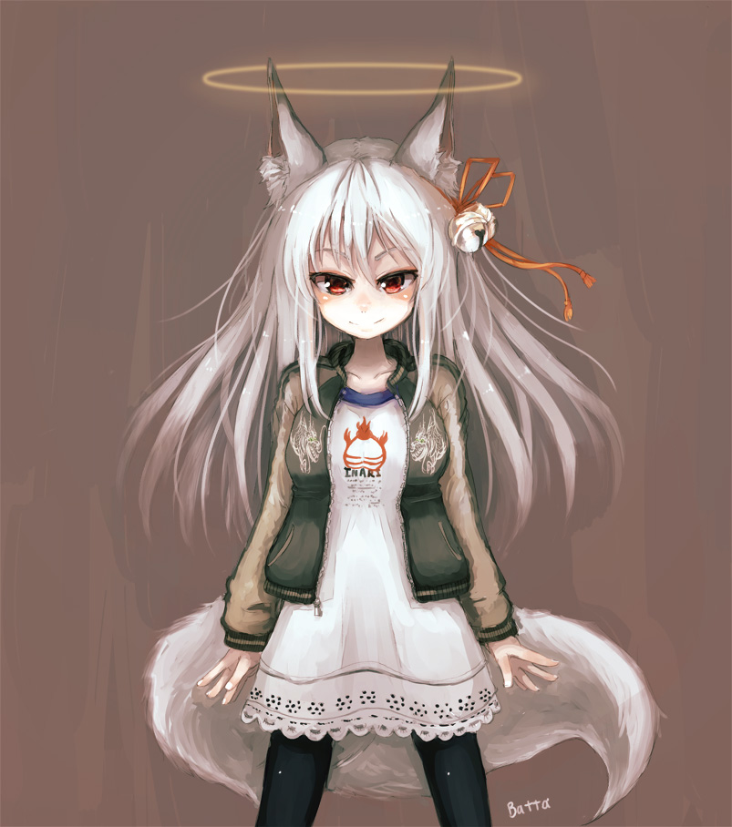 animal_ears artist_name batta batta_(kanzume_quality) bell black_legwear casual collarbone fox_ears fox_tail halo jacket long_hair original pantyhose red_eyes silver_hair simple_background smile solo standing tail