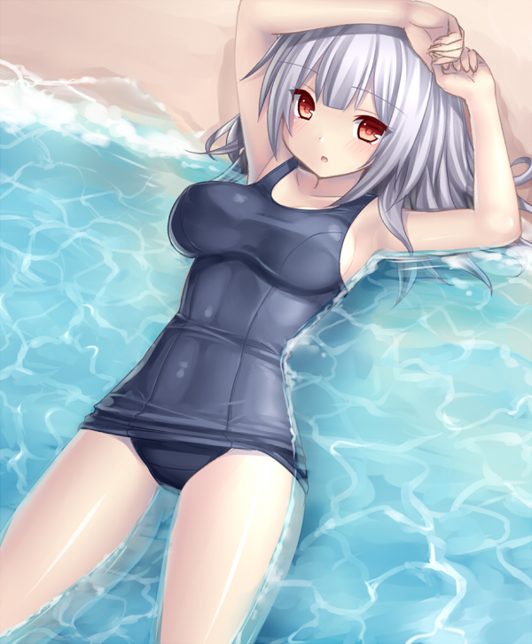 armpits arms_up blush breasts impossible_clothes impossible_swimsuit looking_at_viewer lying on_back one-piece_swimsuit open_mouth original partially_submerged red_eyes sand school_swimsuit short_hair silver_hair solo swimsuit tsukumiya_amane water