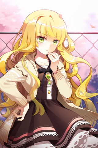 artist_request blonde_hair collarbone green_eyes hand_on_hip layered_dress long_hair lowres open_mouth seven sweater sword_girls very_long_hair wavy_hair