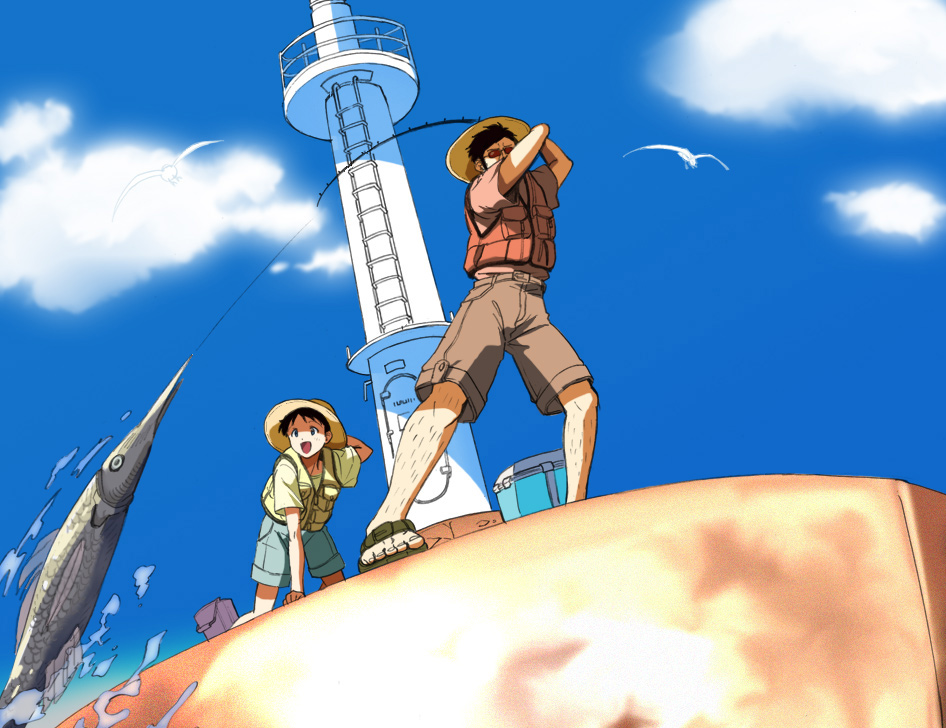 ayanashi_kunio blue_sky cloud clouds father father_and_son fish fishing fishing_rod hat ikari_gendou ikari_shinji kanimayo male multiple_boys neon_genesis_evangelion sky son straw_hat