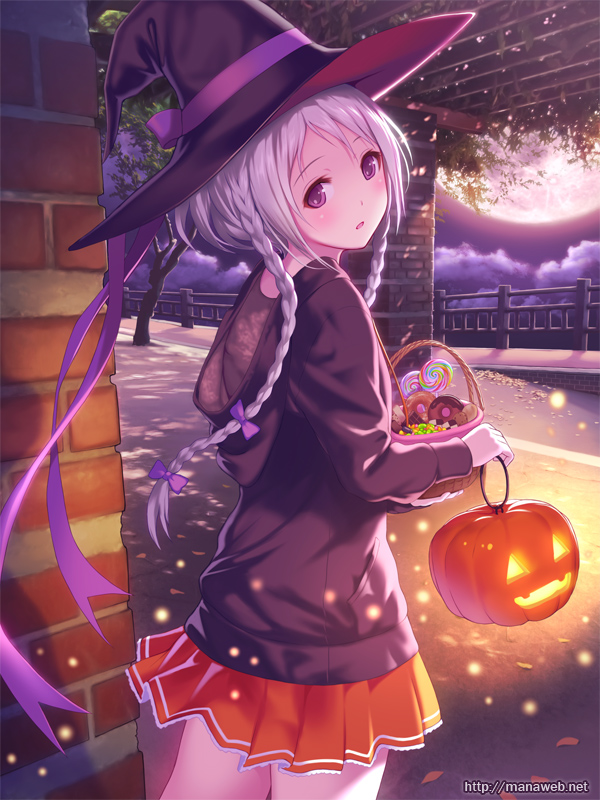 :o basket blush bow braid brick_wall candy hair_bow halloween hat hat_ribbon holding jack-o'-lantern jack-o'-lantern long_hair looking_at_viewer mana_kakkowarai original pumpkin purple_eyes ribbon silver_hair skirt solo twin_braids violet_eyes watermark web_address witch_hat