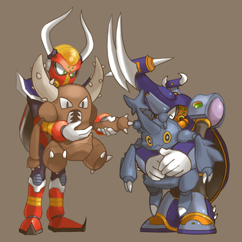 2boys ^_^ arm_grab armor black_eyes boomer_kawanger boomer_kuwanger brown_eyes carrying claws closed_eyes crossover gravity_beetbood gravity_beetle green_eyes grey_background height_difference heracross holding horn horns hug hug_from_behind looking_down lowres mecha multiple_boys outstretched_arm pinsir pokemon pokemon_(game) robot rockman rockman_x rockman_x3 simple_background slit_pupils smile spikes standing stuffed_animal stuffed_beetle stuffed_toy tanei_fumi tanetane1ban teeth yellow_sclera