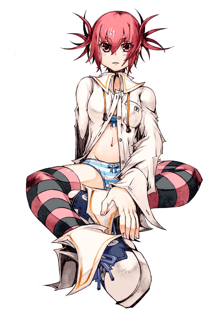 bow bow_panties bra copyright_request navel panties red_eyes red_hair redhead shoes short_hair simple_background solo striped striped_legwear striped_panties underwear white_background yoshida_tooru