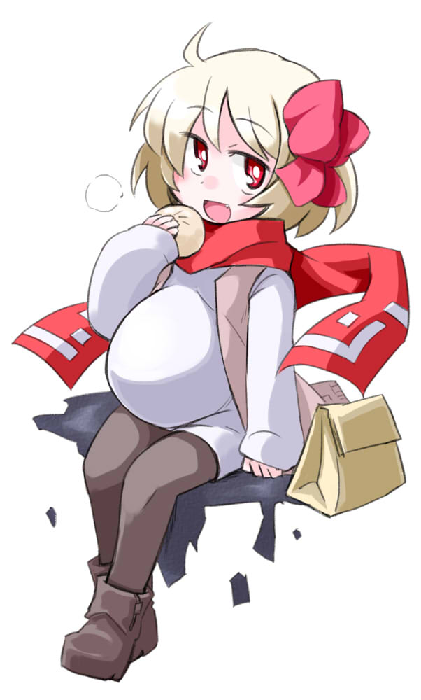 ahoge bag fang food kugelschreiber pantyhose pregnant rumia scarf sitting solo touhou
