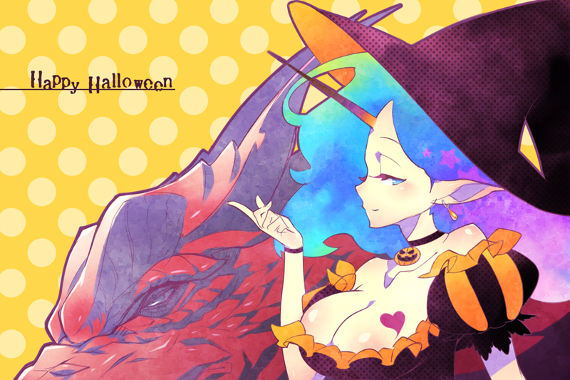 blue_eyes blue_hair breasts cleavage collarbone copyright_request dragon earrings gradient_hair happy_halloween hat heart hirano_katsuyuki jewelry large_breasts multicolored_hair pink_hair pointy_ears polka_dot polka_dot_background puffy_sleeves ribbon_choker solo striped witch_hat