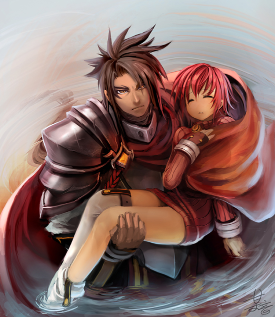 2boys armor black_hair bottomless brown_eyes cape carrying character_request elsword elsword_(character) genderswap gloves looking_up male multiple_boys penensio_(elsword) poklala princess_carry red_hair redhead serious shirt single_thighhigh sleeping spiked_hair spiky_hair submerged sumberged thigh-highs thighhighs water white_legwear