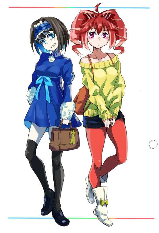 2girls bag black_hair black_legwear black_shorts blue_dress blue_eyes blue_hair blush breasts dress drill_hair full_body fur_trim garie_tuman grin hairband long_hair long_sleeves looking_at_viewer lyrical_denko medium_breasts micha_jawkan multicolored_hair multiple_girls pale_skin pantyhose pink_hair puffy_sleeves red_eyes red_legwear redhead senki_zesshou_symphogear short_hair shorts smile teeth thigh-highs twin_drills two-tone_hair very_long_hair white_background