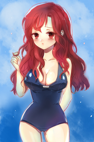 arm_up artist_request blush breasts cleavage collarbone glasses glasses_removed long_hair lowres one-piece_swimsuit red_eyes red_hair redhead swimsuit sword_girls vernika_answer wavy_hair