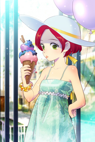 balloon bangs bare_shoulders bracelet clenched_hand collarbone dress food green_eyes hair_ribbon hand_on_hip hat holding ice_cream jaina_preventer jewelry lowres parted_bangs red_hair redhead ribbon short_hair sword_girls tongue tongue_out young