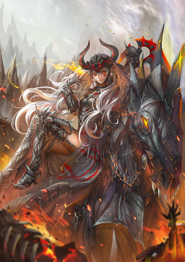 armor breastplate character_request dragon_nest facial_mark fire gauntlets greaves heart helmet horse lips long_hair red_eyes saber_01 silver_hair silver_lipstick sitting solo sword weapon wind
