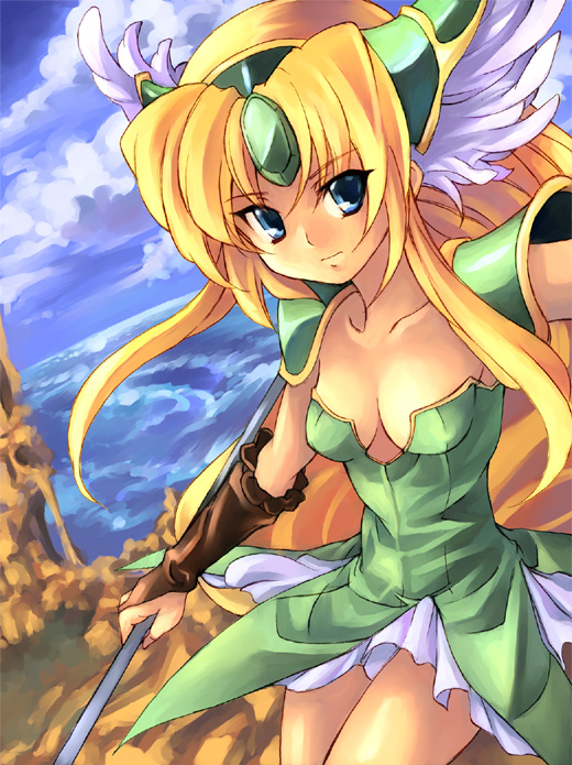 blonde_hair blue_eyes breasts cleavage head_wings helmet kouno_hikaru panties pantyshot polearm riesz seiken_densetsu seiken_densetsu_3 sky underwear weapon winged_helmet