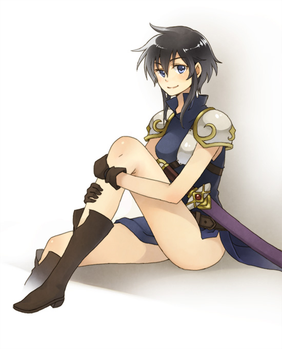 armor black_hair blue_eyes blush boots dress fire_emblem fire_emblem:_seisen_no_keifu gloves hisato hisato_inari lakche_(fire_emblem) scabbard sheath short_hair side_slit sitting smile solo sword thighs weapon