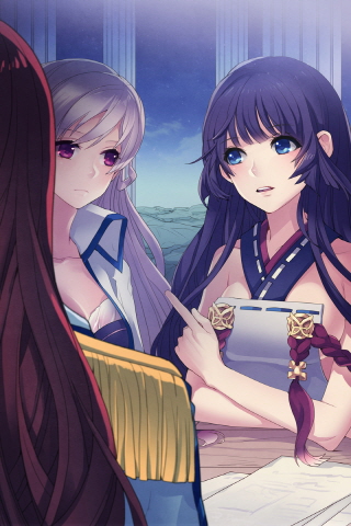 bangs black_hair blue_eyes blunt_bangs collarbone epaulettes holding jacket jaina_preventer japanese_clothes kimono long_hair lowres nexia open_mouth pink_eyes pintail pointing purple_hair red_hair redhead swept_bangs sword_girls very_long_hair