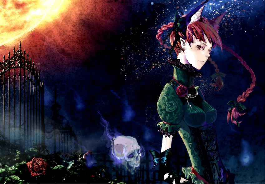 animal_ears bow braid bust butterfly cat_ears elbow_gloves fence flower garden gloves gothic_lolita hair_bow hitodama kaenbyou_rin lolita_fashion looking_at_viewer monguru_(chessdog55) pointy_ears red_hair redhead rose skull sky solo star_(sky) starry_sky sun torn_clothes touhou twin_braids twintails