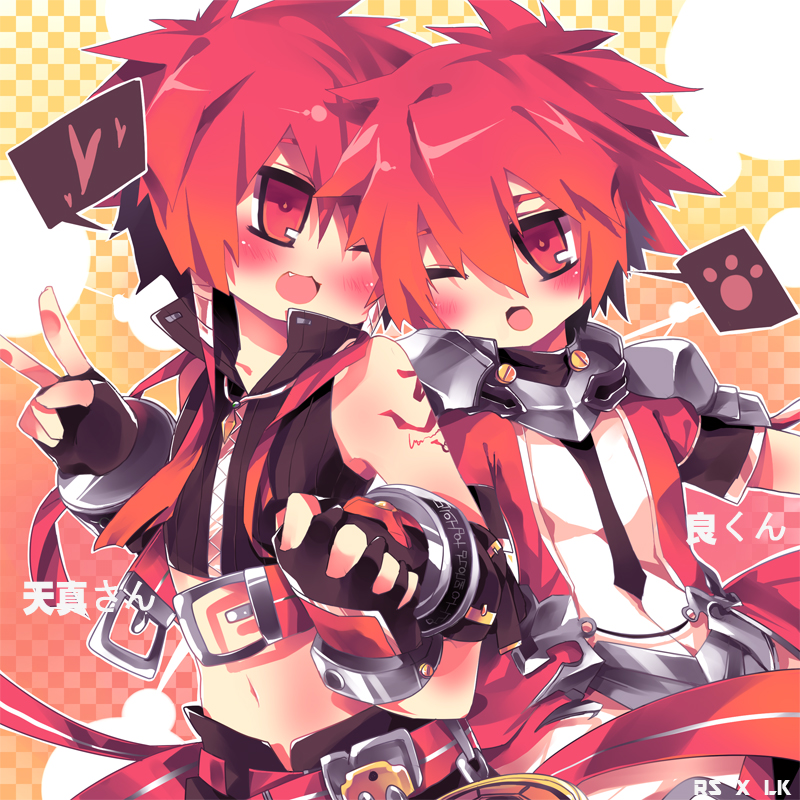 blush checkered checkered_background coat dual_persona elsword elsword_(character) fingerless_gloves gloves gradient gradient_background long_hair male midriff no_nose pink_background ponytail red_eyes red_hair redhead smile utm v wink yellow_background