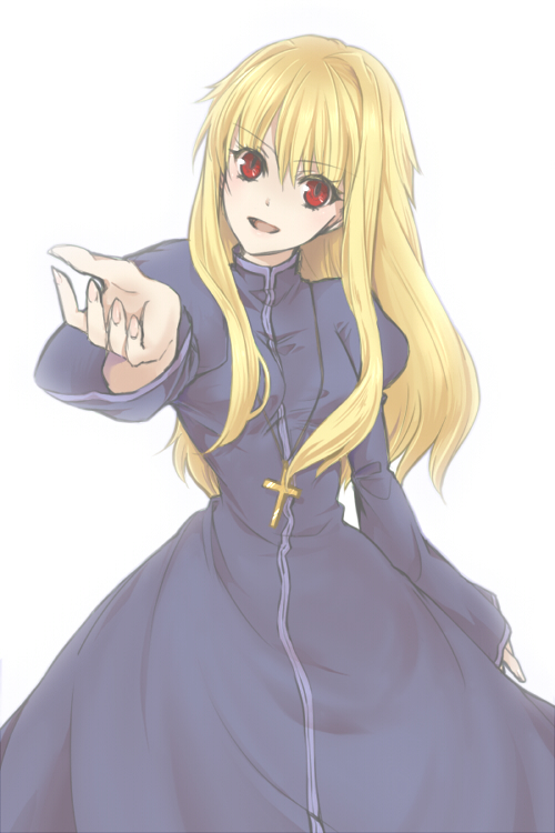 blonde_hair cassock cross cross_necklace dress fate/protoreplica fate/stay_night fate_(series) genderswap gilgamesh jewelry long_hair looking_at_viewer necklace outstretched_hand pandamamire red_eyes solo