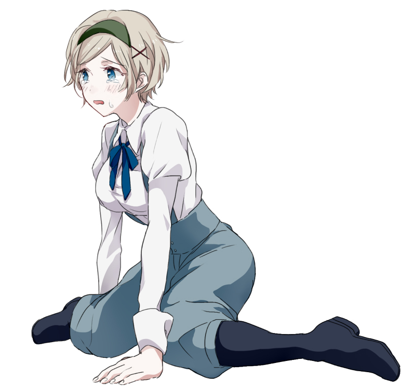 arm_support axis_powers_hetalia blonde_hair blouse blue_eyes boots capri_pants hair_ornament hairband hairclip kneeling neck_ribbon open_mouth pants puffy_pants puffy_sleeves ribbon short_hair simple_background sitting solo suspenders tears thigh-highs thigh_boots thighhighs ukraine_(hetalia) urahara wariza white_background