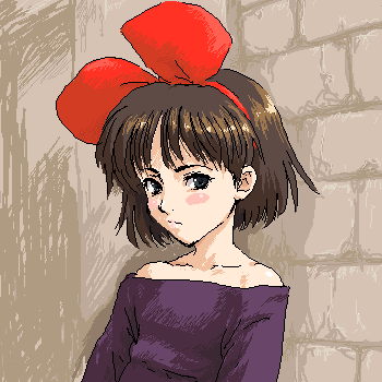 bare_shoulders blush_stickers bob_cut bow brick_wall brown_hair dress green_eyes hair_bow hairband kiki lowres majo_no_takkyuubin oekaki short_hair shou_(akuma_no_ryouiki) solo studio_ghibli