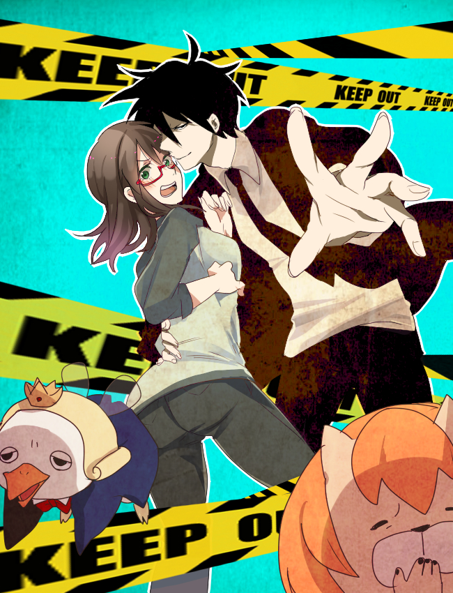 1girl akutabe azazel beelzebub_(azazel-san) black_hair brown_hair caution_tape couple glasses green_eyes keep_out red-framed_glasses sakuma_rinko takumi_(scya) yondemasuyo_azazel-san