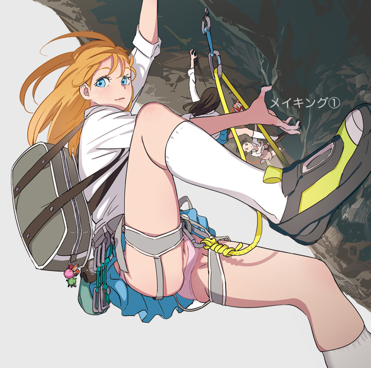 ass bag black_hair blonde_hair blue_eyes blush carabiner climbing harness kneehighs lips looking_back mebae multiple_girls orange_hair original panties pink_panties rope school_bag school_uniform shoes skirt sleeves_folded_up sneakers socks thighs underwear white_legwear