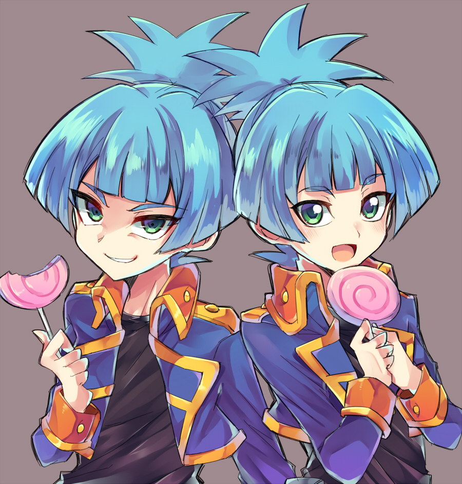 bite_mark black_shirt blue_jacket dual_persona green_eyes grin holding_lollipop jacket light_blue_hair long_sleeves looking_at_viewer male_focus open_clothes open_jacket ponytail rento_(rukeai) shirt shiun'in_sora smile tsurime yu-gi-oh! yuu-gi-ou_arc-v