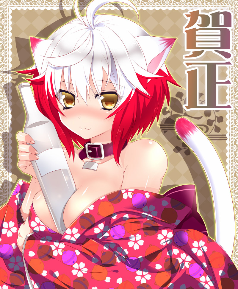 animal_ears argyle argyle_background between_breasts bottle brown_background cat_ears cat_tail choker japanese_clothes kemonomimi_mode kimono multicolored_hair pascal red_hair redhead short_hair smile solo sumomo_(peach-breath) tail tales_of_(series) tales_of_graces two-tone_hair white_hair yellow_eyes