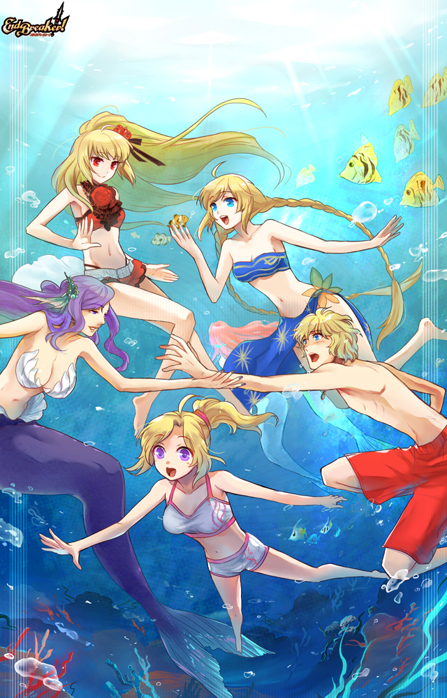 6+girls bandeau bare_legs barefoot bikini blonde_hair blue_eyes blush braid bubble buoyant_hair coral end_breaker! fish freediving hair_ornament long_hair mermaid monster_girl multiple_girls navel ocean ponytail purple_eyes purple_hair red_eyes red_hair redhead sarong short_hair swim_trunks swimming swimsuit taut_shirt underwater violet_eyes water