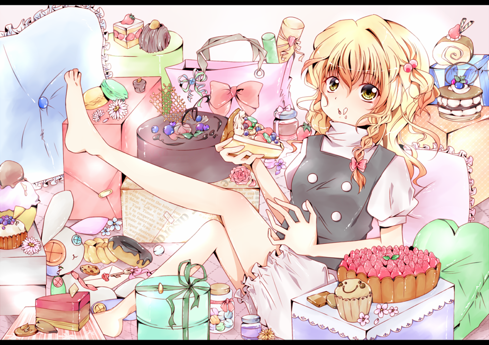 1girl bad_hands barefoot blonde_hair bloomers braid cake candy checkerboard_cookie cookie doughnut feet food food_on_face kikuchi_reo kirisame_marisa long_hair macaron pastry solo touhou yellow_eyes