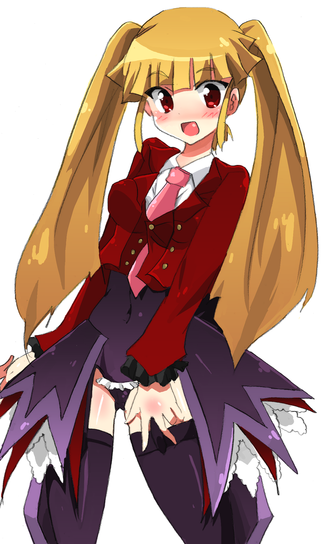 bad_id bakura_usamimi black_legwear blazer blonde_hair blush garter_straps garters long_hair necktie red_eyes solo stakes_of_purgatory thigh-highs thighhighs twintails umineko_no_naku_koro_ni uniform