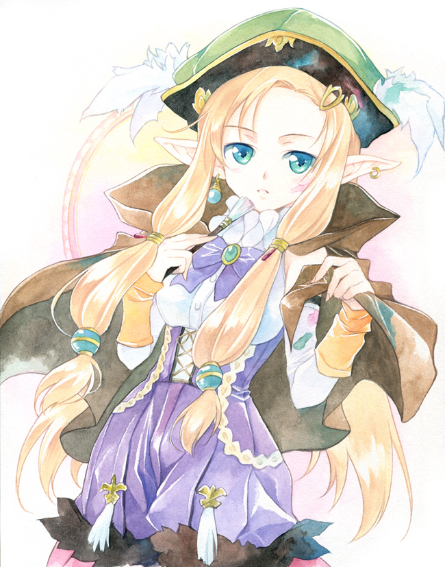 aqua_eyes blonde_hair bow bowtie dahlia_(rune_factory) earrings feathers hair_ornament hairclip hat jewelry long_hair pointy_ears rune_factory rune_factory_3 solo twintails