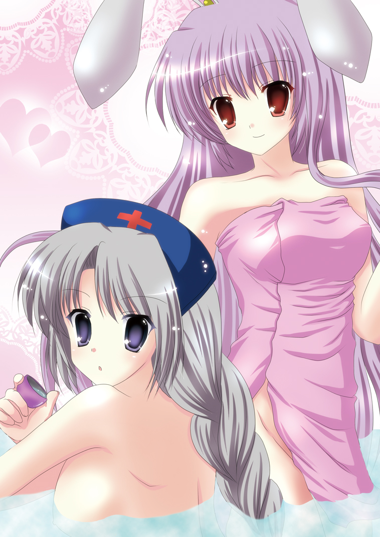 animal_ears bare_shoulders bath blue_eyes braid breasts bunny_ears grey_hair hat impossible_towel kamiya_chiaki long_hair multiple_girls naked_towel nurse_cap purple_hair rabbit_ears red_eyes reisen_udongein_inaba sideboob smile touhou towel water yagokoro_eirin