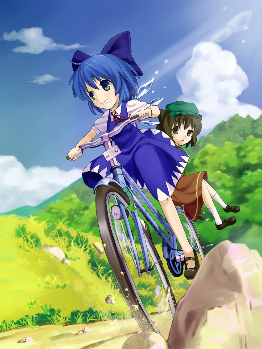 animal_ears bad_id bicycle blue_eyes blue_hair bow brown_eyes brown_hair cat_ears cat_tail chen cirno hair_bow hat hidebo multiple_girls multiple_tails short_hair tail touhou wings