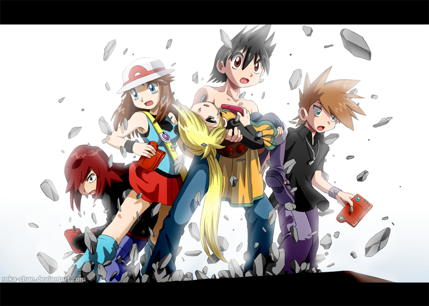 3boys anime_coloring armpits bangs bare_shoulders belt black_gloves black_hair blonde_hair blue_(pokemon) blue_eyes blue_legwear boots breasts brown_eyes brown_hair carrying collarbone dress fingerless_gloves flipped_hair gloves green_eyes hair_between_eyes hands_on_own_chest hat holding jacket jeans jewelry knee_boots kneehighs letterboxed long_hair miniskirt multiple_boys multiple_girls necklace no_hat no_headwear ookido_green open_mouth pants payot pocket poke_ball pokedex pokemon pokemon_special ponytail porkpie_hat princess_carry purple_legwear red_(pokemon) red_eyes red_hair reka rock shirt shirtless short_hair silver_(pokemon) silver_eyes simple_background skirt sleeveless_shirt socks spiked_hair spoilers standing surprised swept_bangs tsurime very_long_hair vs_seeker watermark web_address white_background widescreen wristband yellow yellow_(pokemon) yellow_dress yellow_eyes