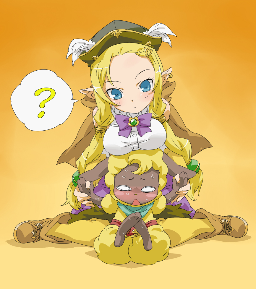 bad_id blonde_hair blue_eyes blush bow bowtie breast_rest breasts breasts_on_head dahlia_(rune_factory) earrings feathers furry hat jewelry long_hair mice open_mouth pointy_ears pole_(artist) pole_(ppp1409) rune_factory rune_factory_3 sheep twintails