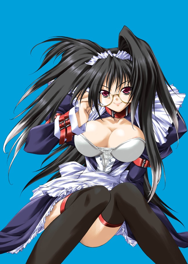 artist_request black_hair breasts character_request cleavage female glasses maid naughty_face red_eyes solo strap thigh-highs