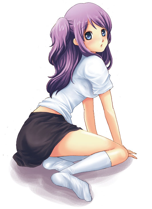 bad_id blue_eyes blush feet kneeling long_hair looking_back nene_(cmnnm) purple_hair sitting skirt socks