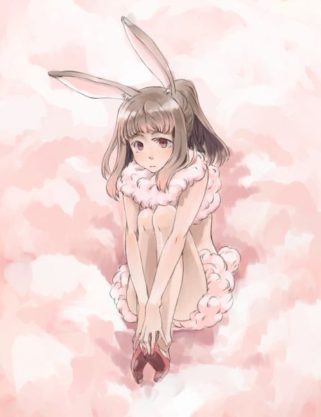 blush brown_hair bunny_ears fur leg_hug long_hair morihito rabbit_ears sitting