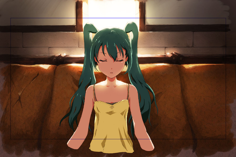 aqua_hair bad_id bangs black_bra bra camisole closed_eyes couch flat_chest hatsune_miku lingerie long_hair shiika_sadamasa sitting solo twintails underwear vocaloid