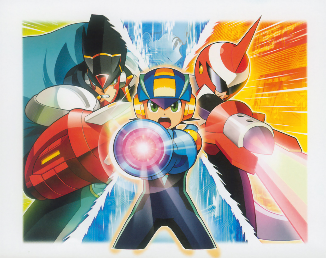 arm_cannon black_hair blues_exe cape colonel energy_sword green_eyes hikari_netto official_art open_mouth pov_aiming robot rockman rockman_exe rockman_exe_(character) sword weapon white_hair