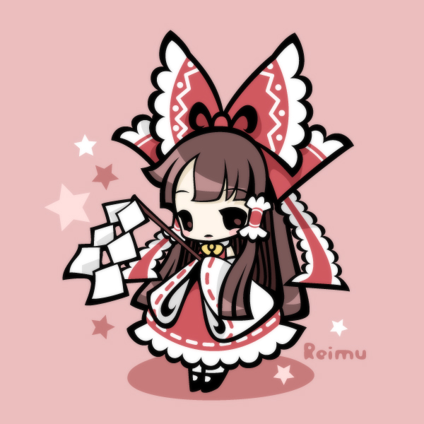 bow character_name chibi gohei hair_bow hair_ribbon hair_tubes hakurei_reimu japanese_clothes long_hair miko panda_lanlan red ribbon solo star tiptoes touhou wide_sleeves