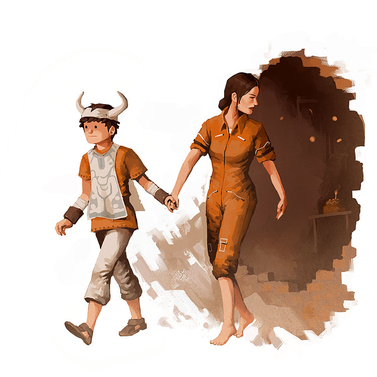 artist_request barefoot brown_hair cake chell crossover food hand_holding holding_hands horns ico ico_(character) ico_(game) jumpsuit junkboy parody pastry ponytail portal sleeves_rolled_up tabard traditional_media