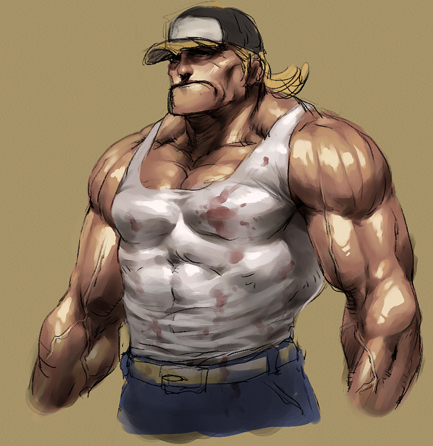 blonde_hair cap cozy fatal_fury hat male manly muscle redneck tank_top terry_bogard veins