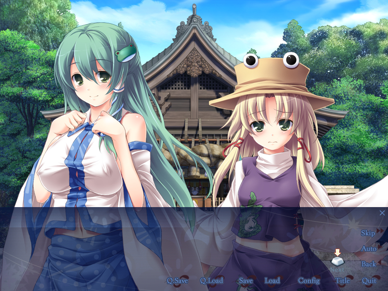 breasts detached_sleeves erect_nipples eroge eyes frog green_eyes green_hair hair_ornament hat japanese_clothes kochiya_sanae large_breasts long_hair moriya_suwako parody snake takamu template touhou visual_novel