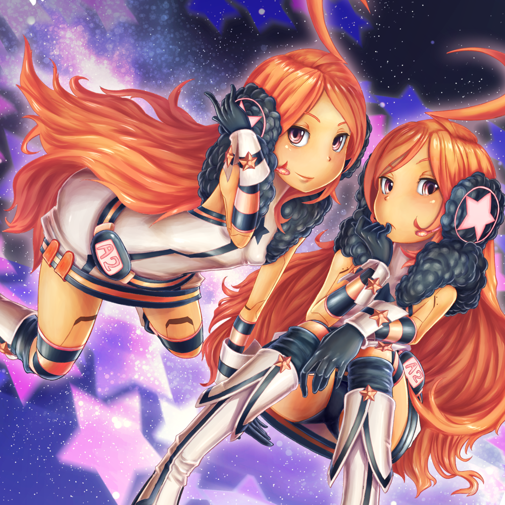 android belt boots clone dress earmuffs gloves hand_on_earmuffs hand_on_headphones headphones headset kneehighs long_hair miki_(vocaloid) red_eyes red_hair redhead robot_joints ros sf-a2_miki smile socks star striped striped_gloves striped_kneehighs vocaloid wrist_cuffs
