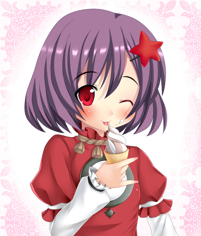 bad_id child eating food hair_ornament ice_cream ice_cream_cone kuro_minamo licking purple_hair red_eyes short_hair soft_serve solo star tongue touhou wink yasaka_kanako yogurt young