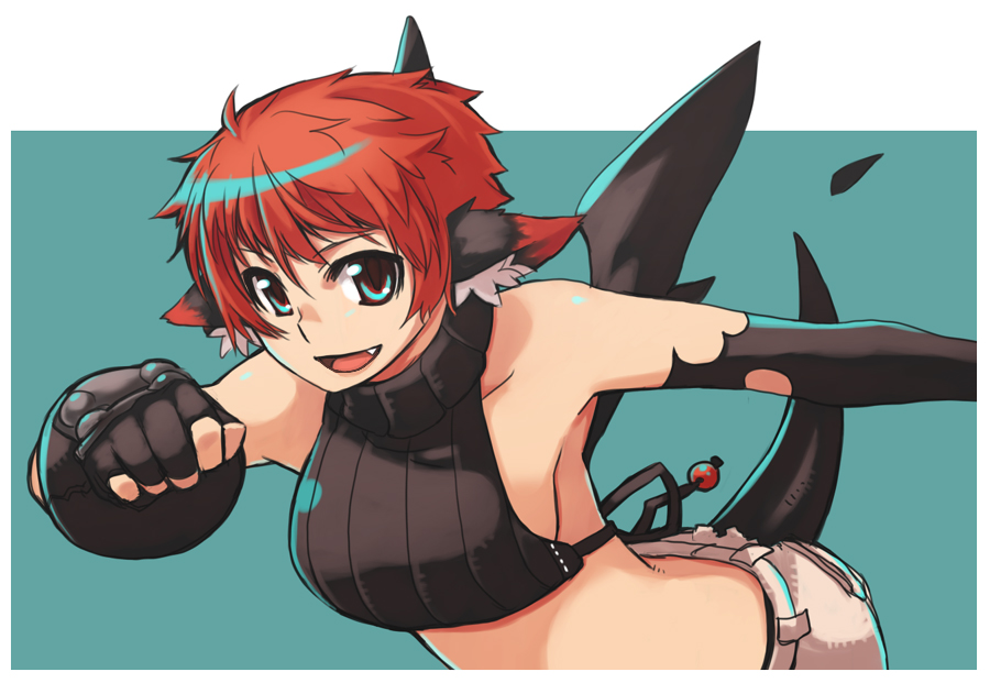 blue_eyes breasts elbow_gloves fang fingerless_gloves gloves large_breasts midriff monster_girl red_hair redhead rumie short_hair shorts smile tail tank_top wings