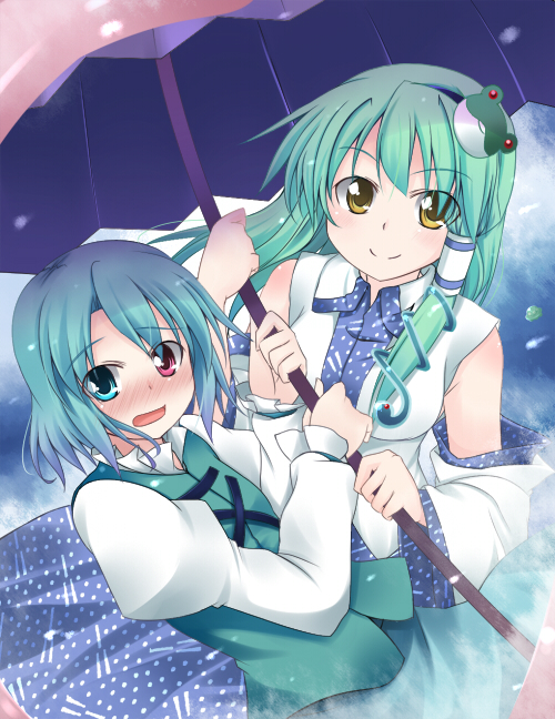 blue_eyes blue_hair blush detached_sleeves frog green_hair hair_ornament heterochromia japanese_clothes karakasa_obake kochiya_sanae long_hair makino_(artist) makino_(ukiuo) multiple_girls red_eyes short_hair snake tatara_kogasa touhou umbrella yellow_eyes