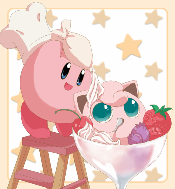 blueberry chef_hat cherry eating food fruit hat honcha hoshi_no_kirby icing in_food jigglypuff kirby kirby_(series) ladder no_humans parfait pokemon pokemon_(creature) spoon star strawberry super_smash_bros. super_smash_bros_64