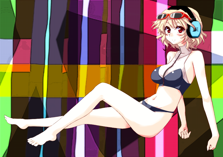 bikini blonde_hair blush feet hal_(pani_poni) headphones pani_poni_dash! red_eyes sai_koro short_hair sunglasses swimsuit